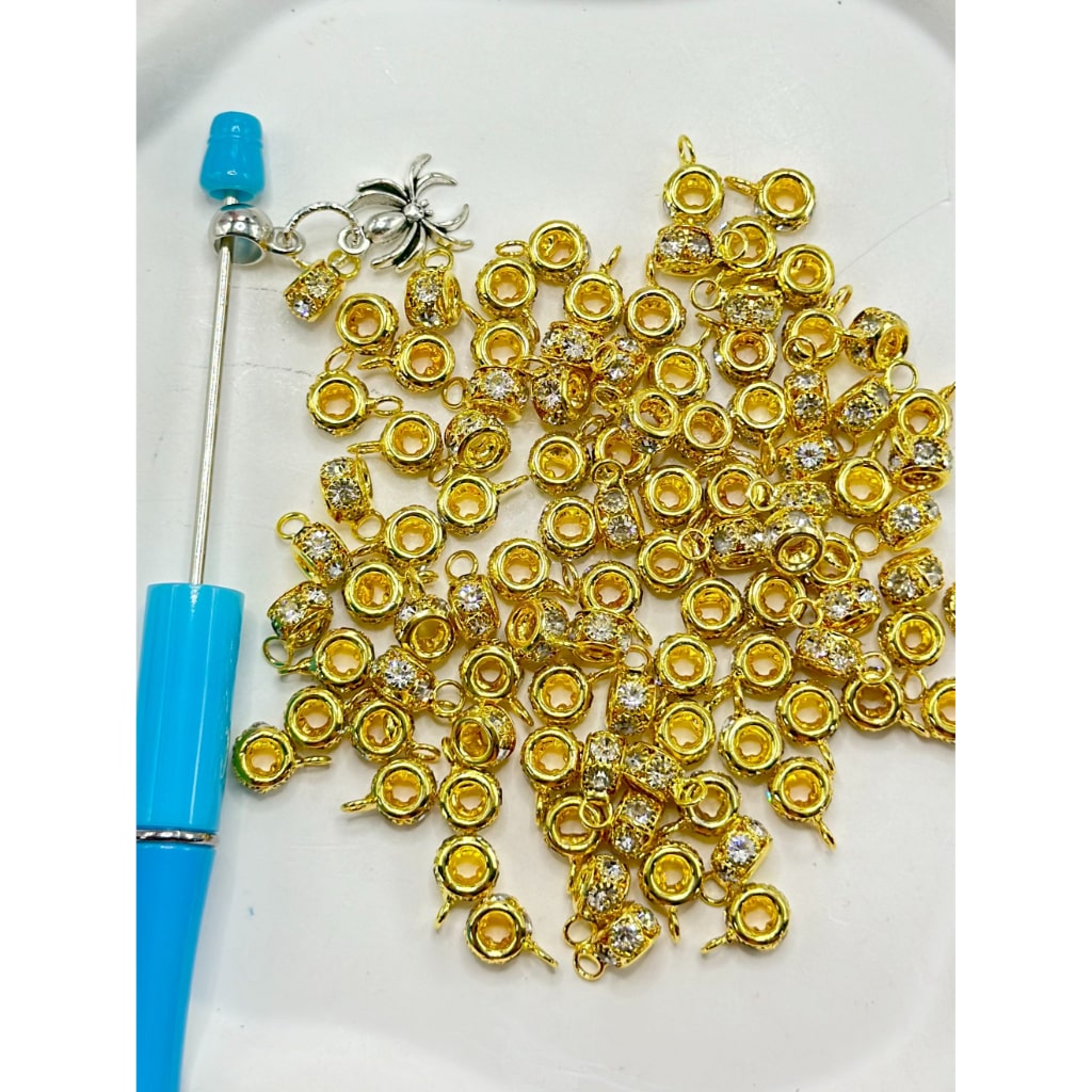 Alloy Bail Beads in Silver and Golden Color with Clear Rhinestone, 8mm Wide