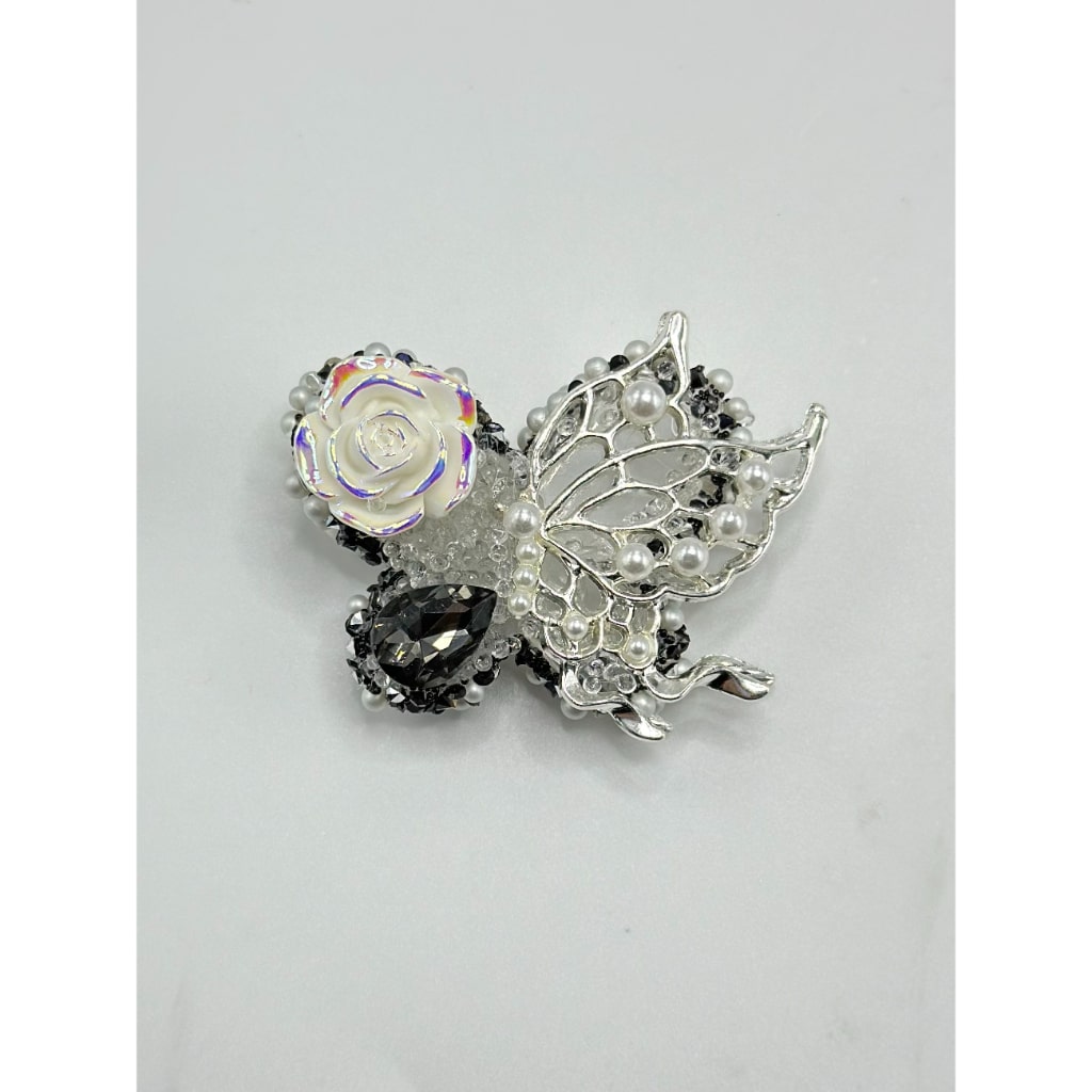 Fancy Silver Alloy Butterfly with Pearls Large Flower Rhinestone Sugar Acrylic Beads, 60*46MM