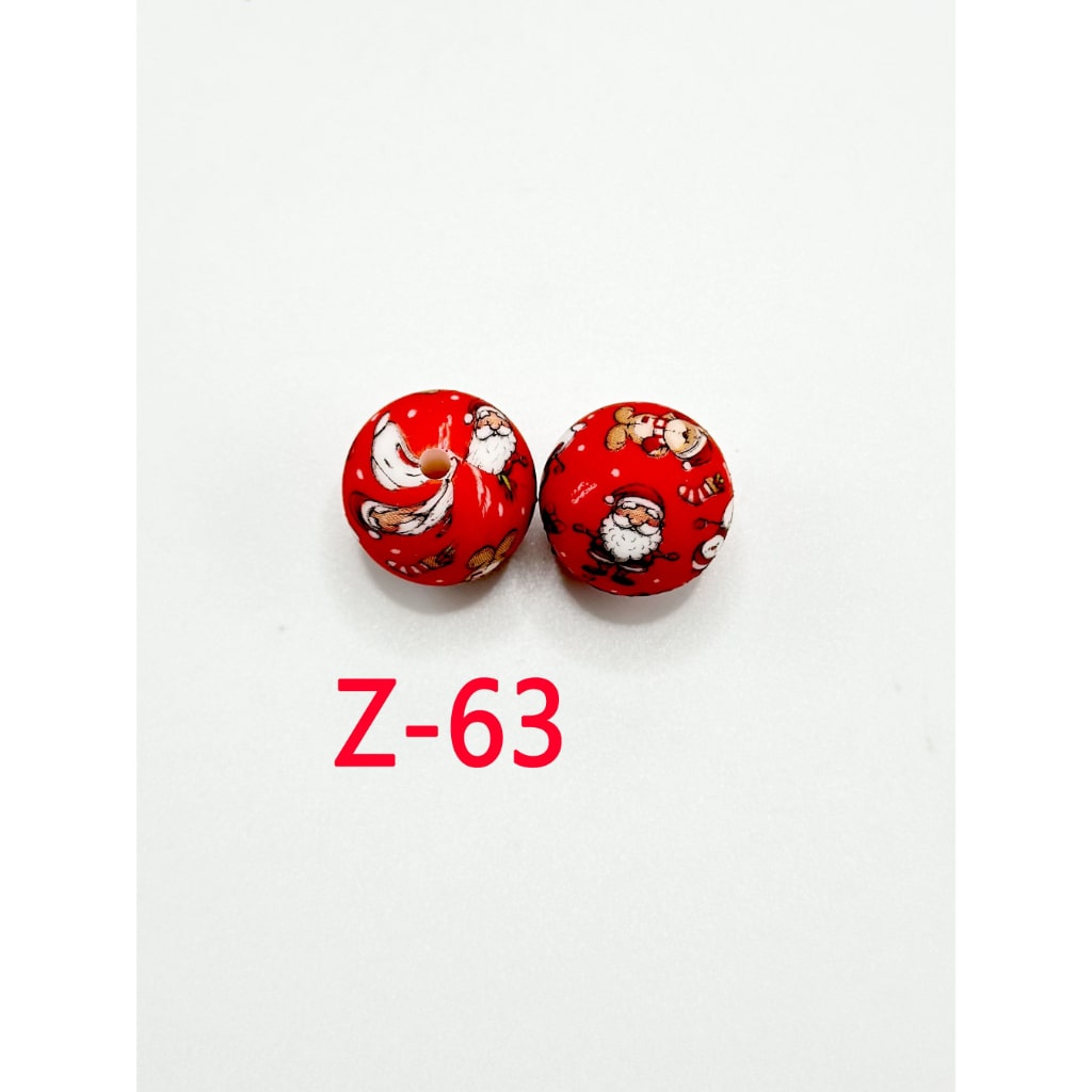 Christmas Pattern Round Printed Silicone Beads 15mm, Number Z-63