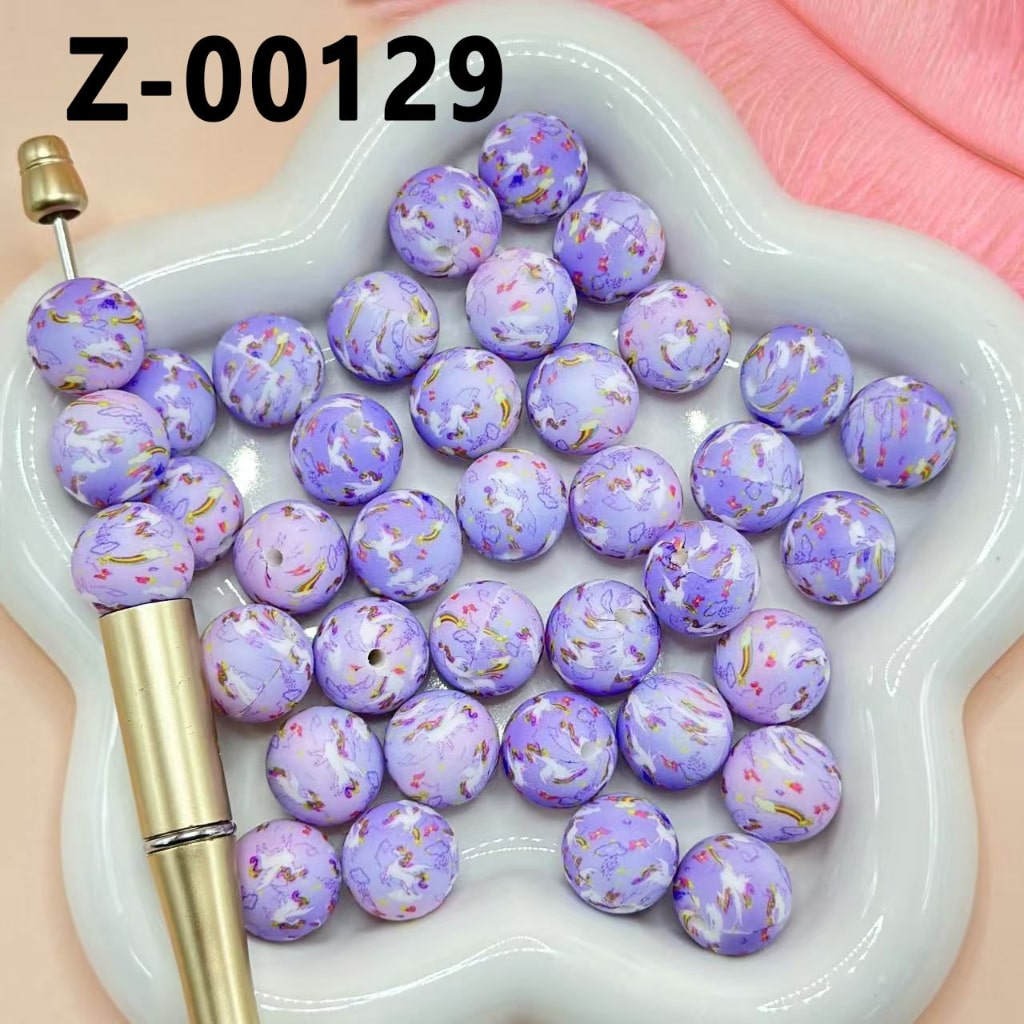 Cute Unicorn Rainbow Light Purple Round Printed Silicone Beads 15mm, Number Z-00129