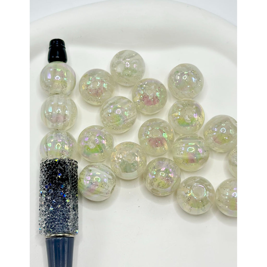 Clear AB Color Glitter Acrylic Beads with White Vertical Stripes Inside, 16MM