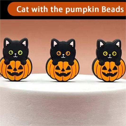 Little Cute Black Kitten Cat Lays on the Pumpkin Silicone Focal Beads