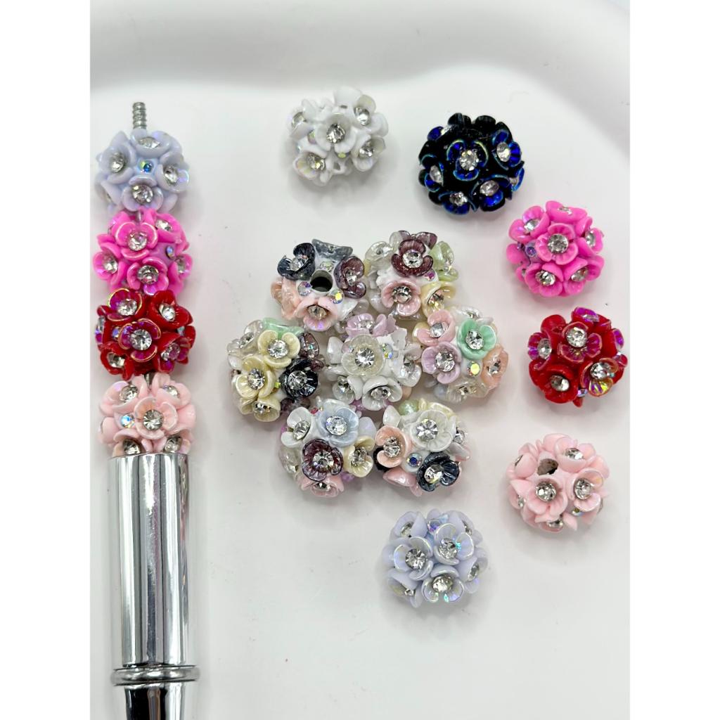 Small Clay Beads with Small Flowers Clear Diamond Inside and AB Color Rhinestones, 14mm, Random Mix