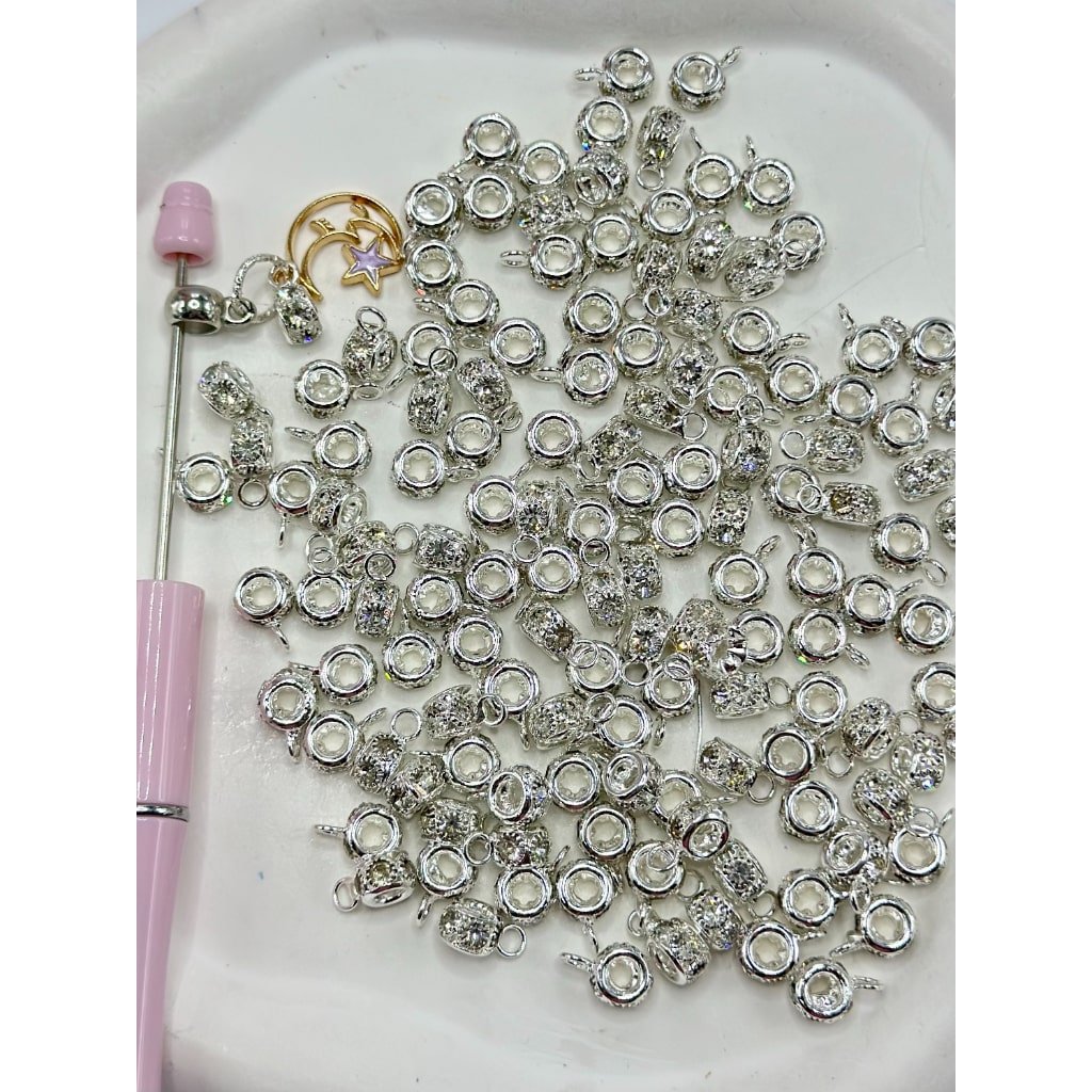 Alloy Bail Beads in Silver and Golden Color with Clear Rhinestone, 8mm Wide