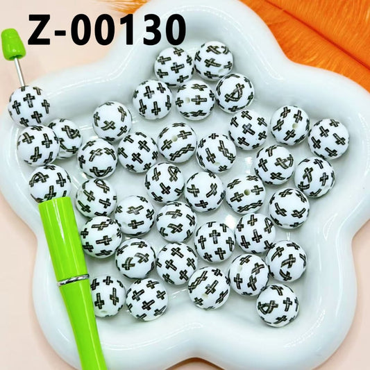 Black Cross White Round Printed Silicone Beads 15mm, Number Z-00130