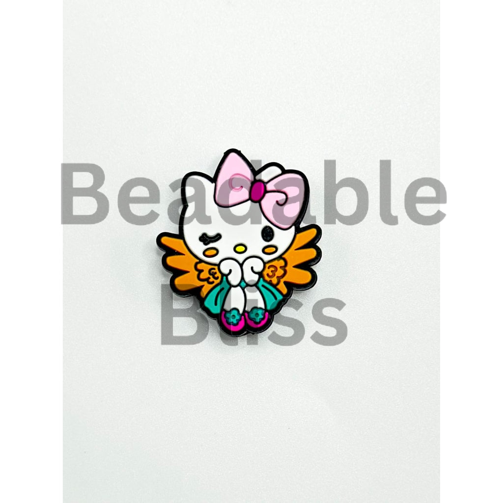 Cute Kitten Cat with Wings Pink Bowknot Silicone Focal Beads