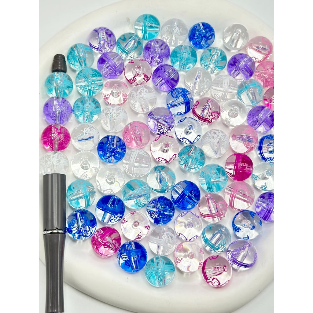 Bowknot Print Clear Acrylic Beads, Random Mix, 16MM