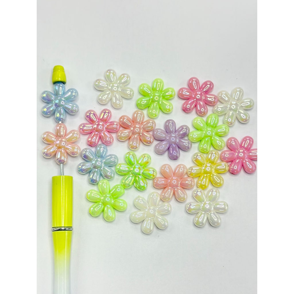 UV Finish Colorful Flowers Acrylic Beads, Random Mix, 24MM