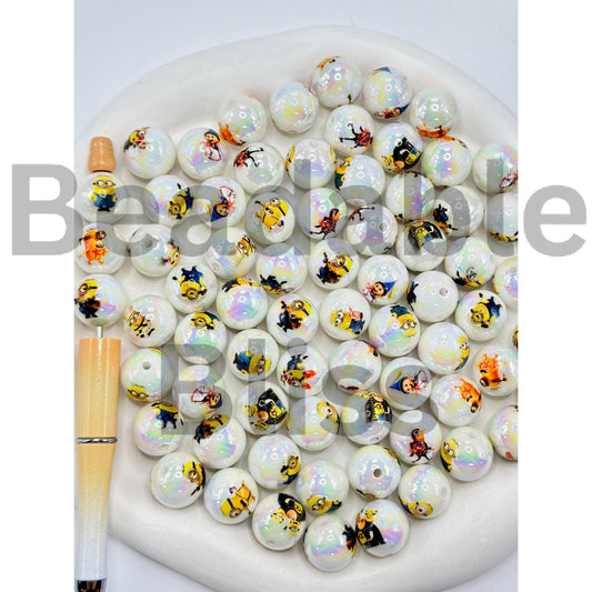 UV Coating Little Cute Minians Round Acrylic Beads, Random Mix, 16MM