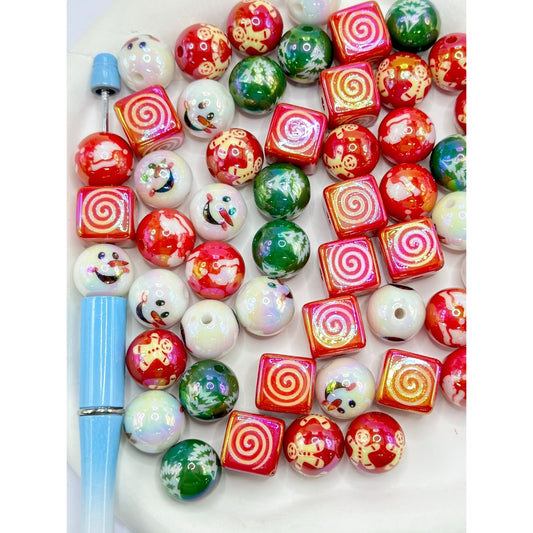 Bling Bling Christmas Theme Snowman Face Tree Square Cube Round Acrylic Beads, Random Mix, Please Read the Description