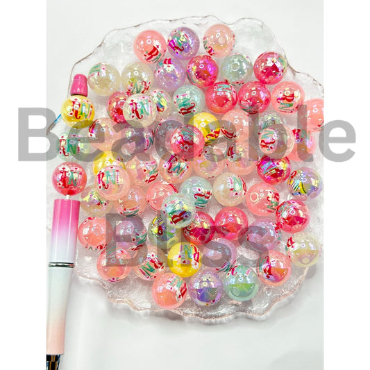 Nurse Print Jelly Color Round Acrylic Beads, Random Mix, 16MM