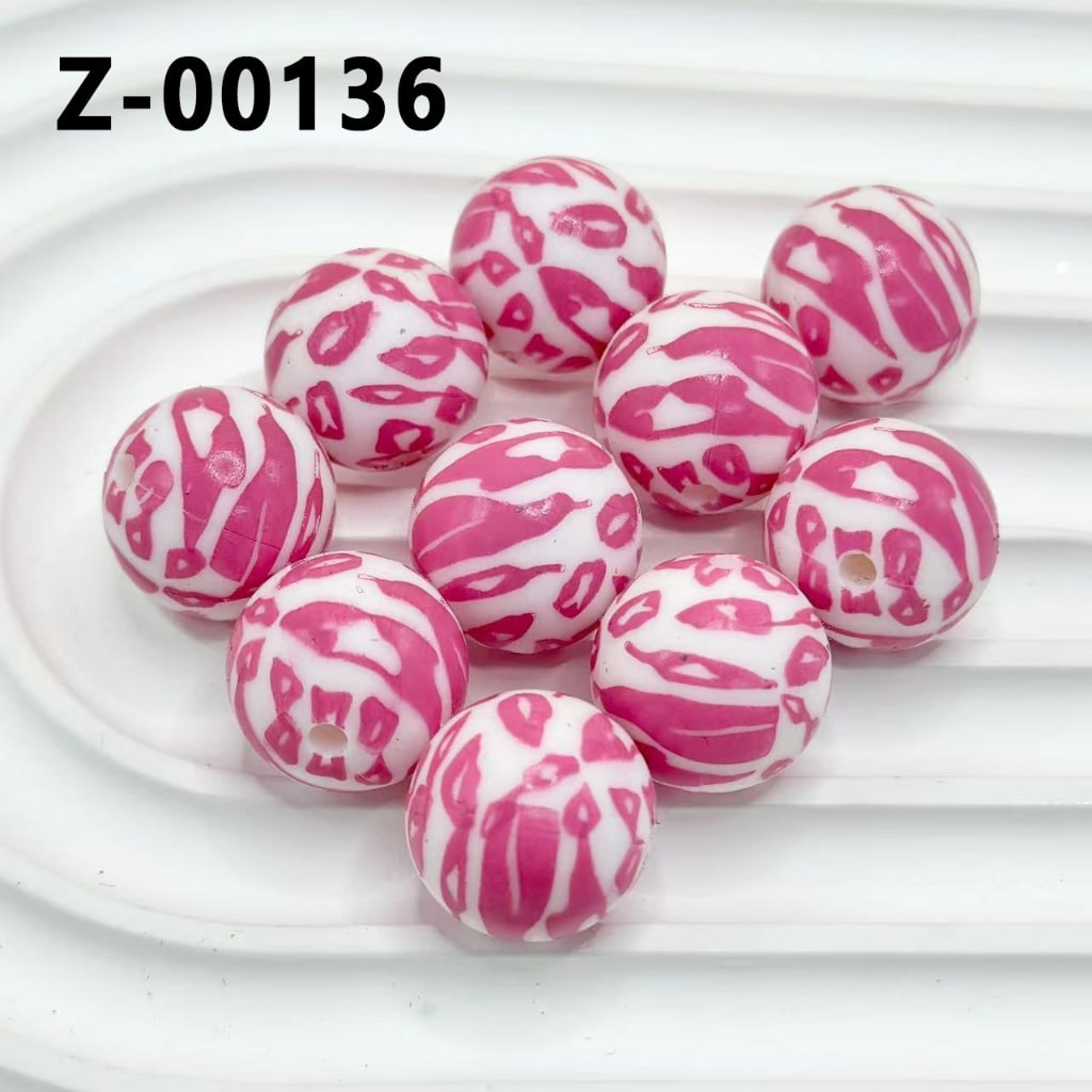 Red Lips White Round Printed Silicone Beads 15mm, Number Z-00136