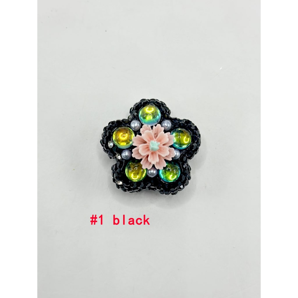 Flower Shape Clay Beads with Small Flower Pearls Clear Rhinestones in Solid Colors, 26MM by 26MM