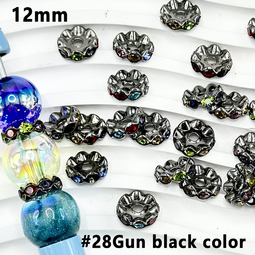 Metal Wavy Spacers with Rhinestones in Solid Colors, 12MM