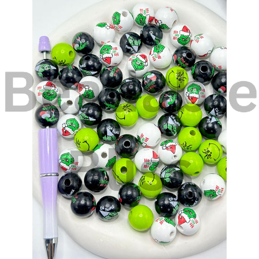 Green Monster Grinc Christmas Round Wood Beads, 16MM