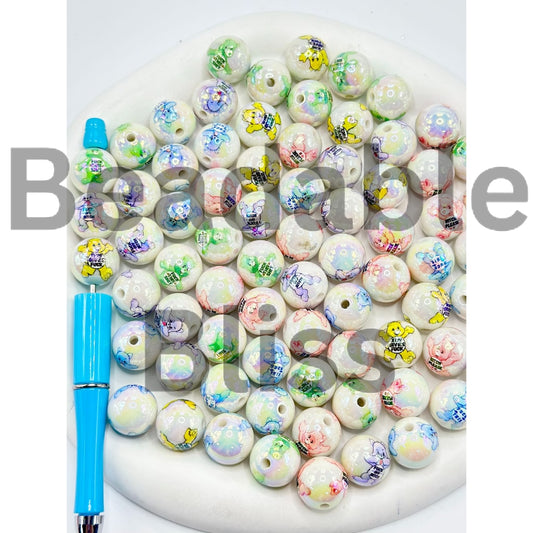 Dirty Talking Cari Bear Print Round Acrylic Beads 16mm