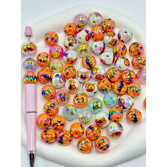 Halloween Pumpkin Bat Round Acrylic Beads, Random Mix, 16MM