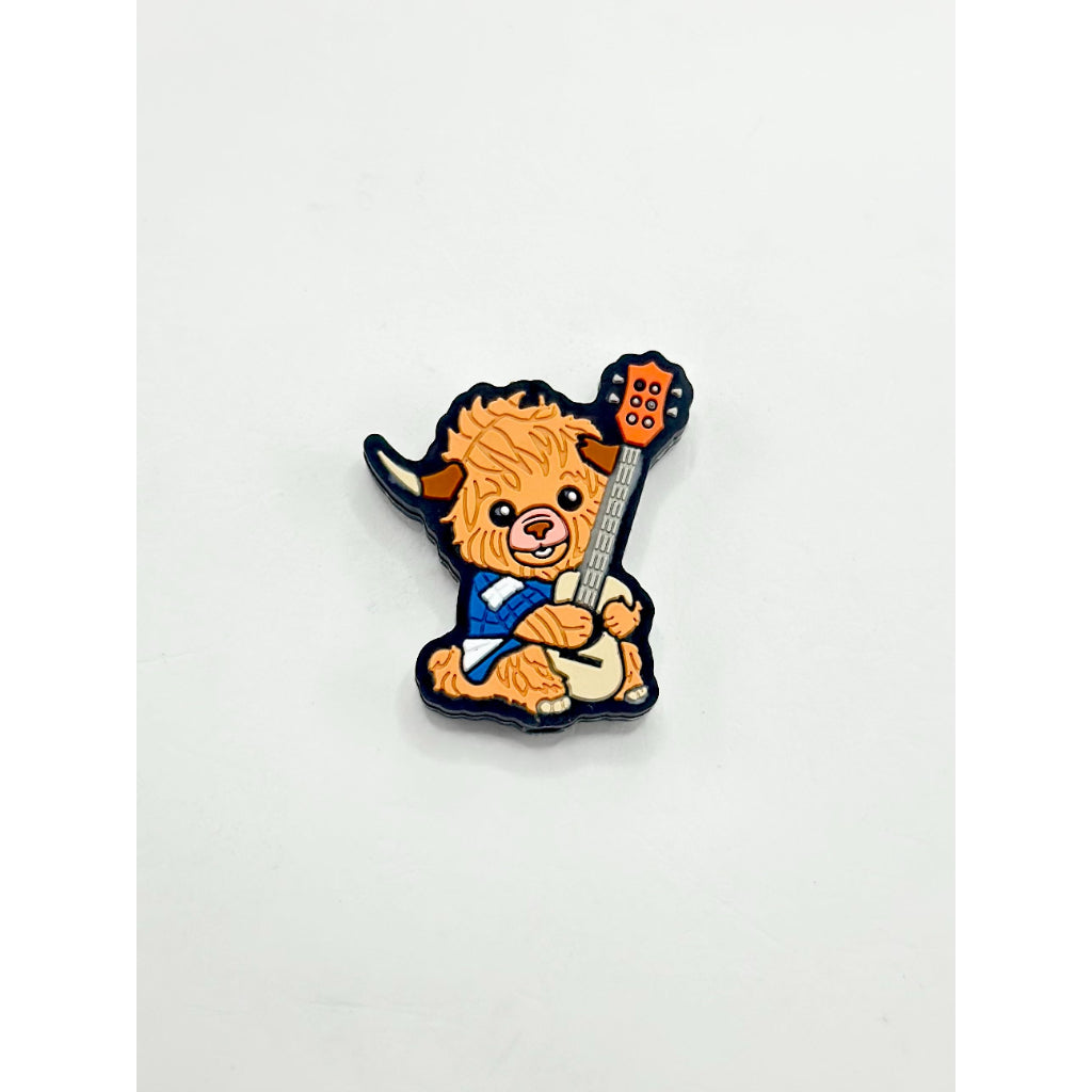 Little Cute Highland Cow Calf Plays the Guitar Silicone Focal Beads