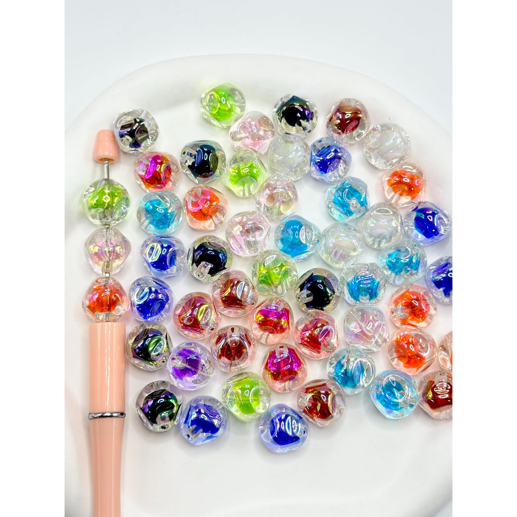 UV Coating Hexahedron Fig Acrylic Beads with Small Bead Inside, Random Mix, 14MM