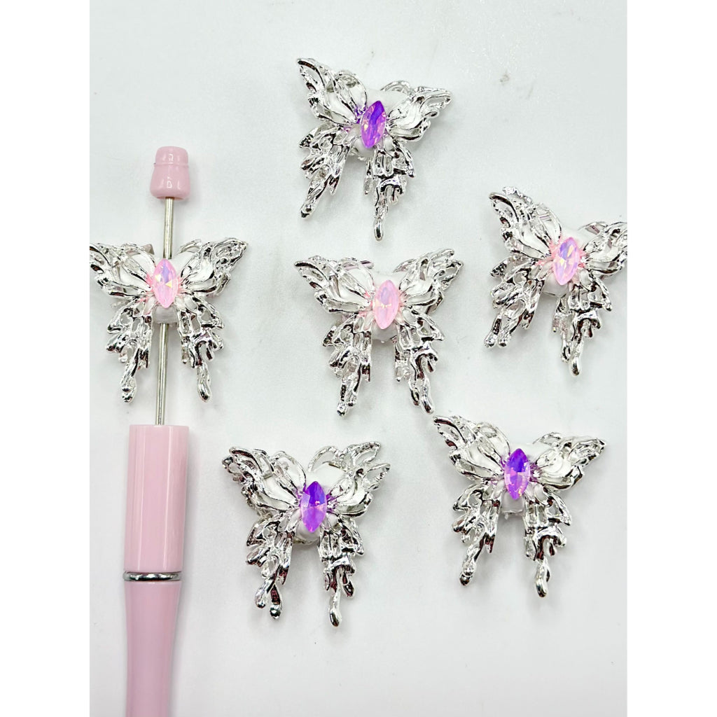 Silver Alloy Metal Butterfly Fusiform Rhinestone Clay Beads, 33*32MM