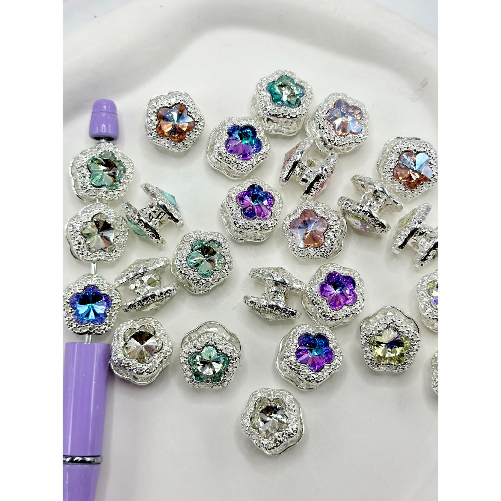 Double Layer Flower Silver Alloy Beads with Rhinestones, Random Mix, 16MM