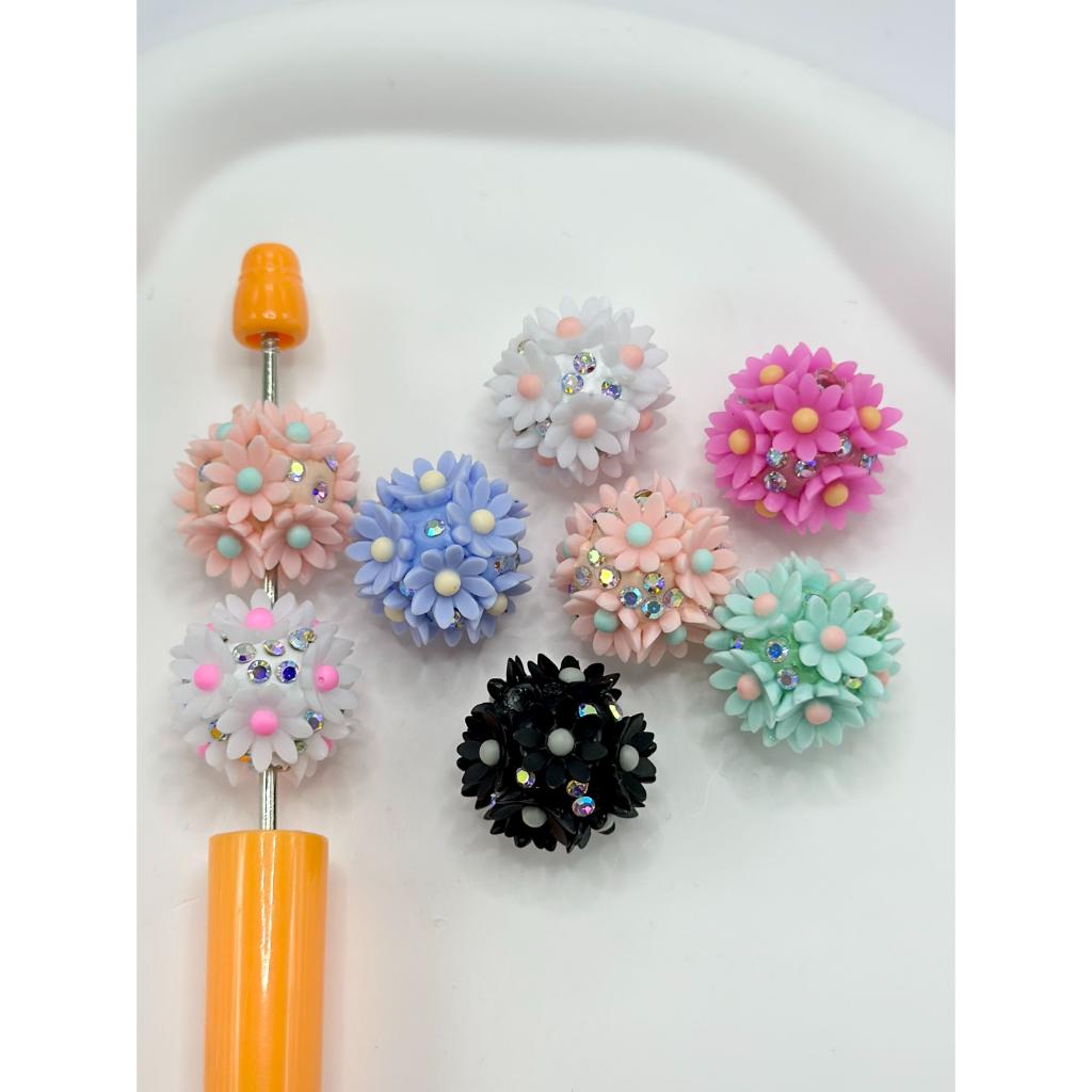 Round Clay Beads with Small Flowers and Clear AB Color Rhinestones in Solid Colors, 20mm, Random Mix