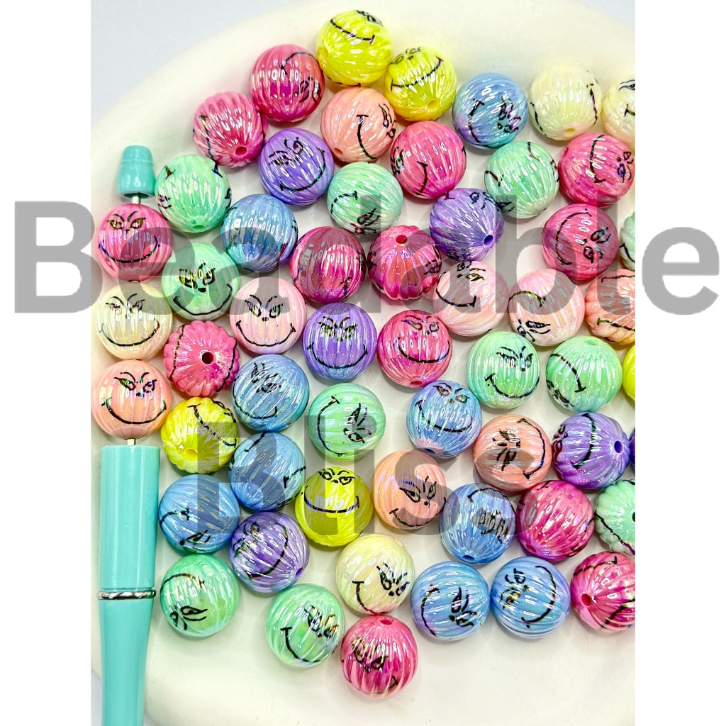 UV Coating Grinc Face Pumpkin Round Acrylic Beads, Random Mix, 16MM