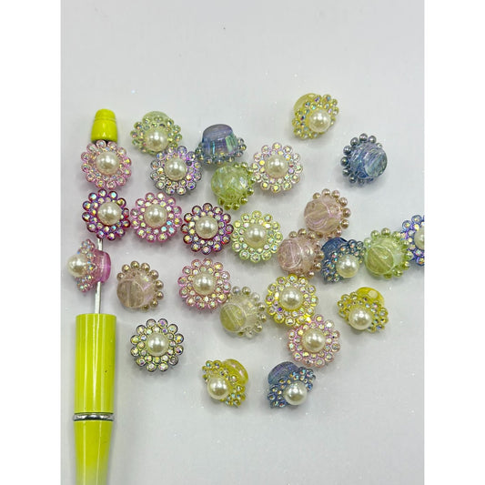 Translucent Glittery Flower Pot Large White Pearl Inside Shiny Rhinestones Acrylic Beads, Random Mix, 16*12MM