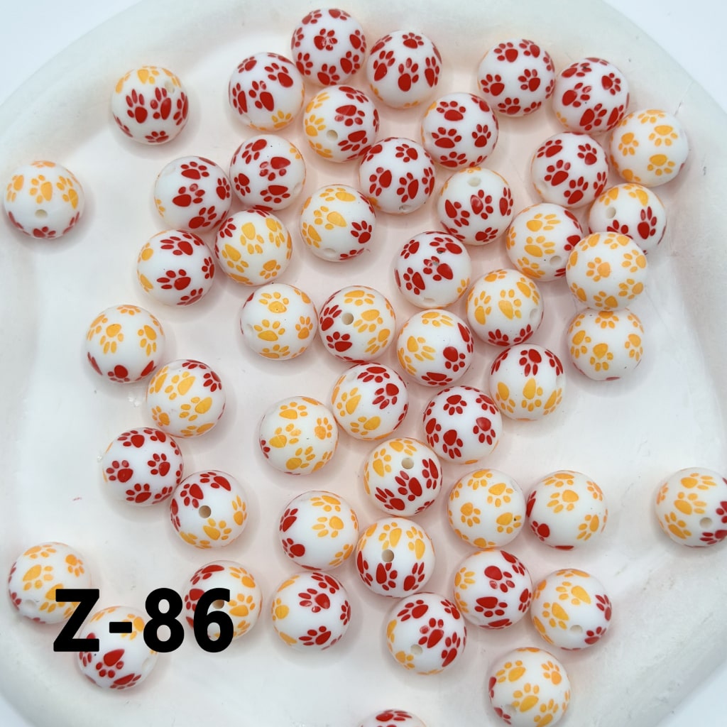 Red Orange Color Paw Prints Round Printed Silicone Beads 15mm, Number Z-86