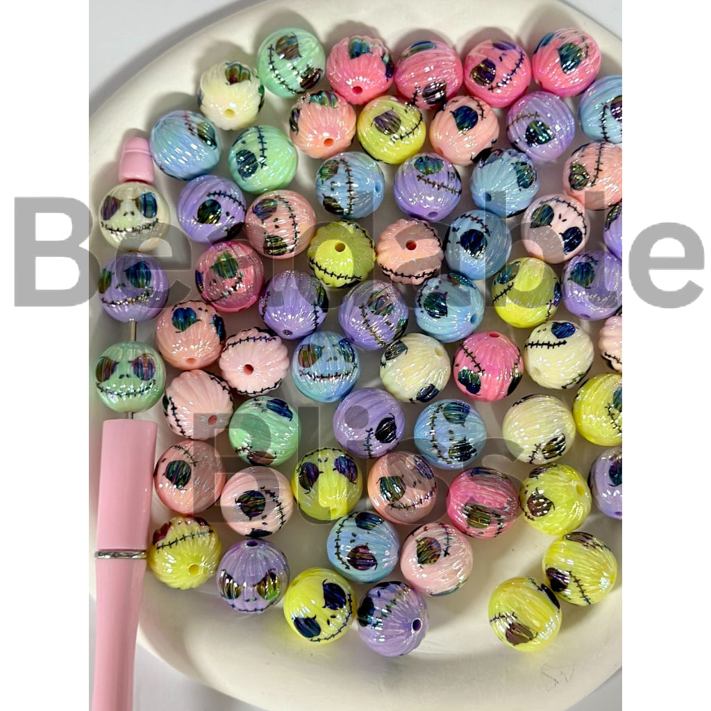 UV Coating Jac Face Christmas Halloween Pumpkin Round Acrylic Beads, Random Mix, 16MM