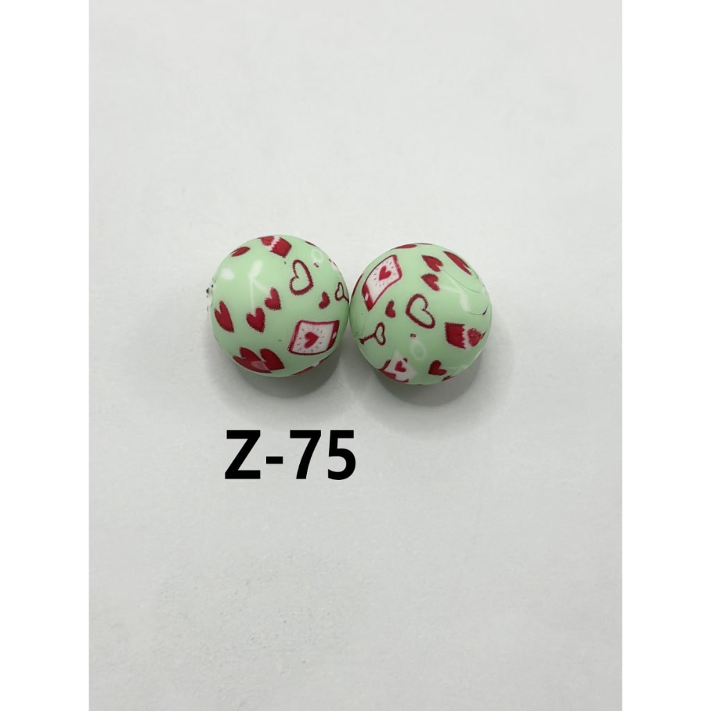 Red Heart Print Teal Round Printed Silicone Beads 15mm, Number Z-75