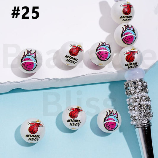 USA America Basketball Teams Miami Hea NB Sports Frosted Matt White Round Acrylic Beads, Random Mix, 16MM