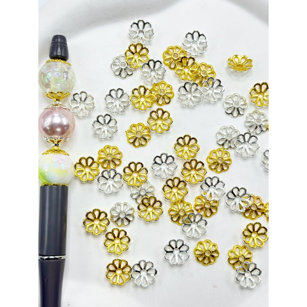 Beadable Gold & Silver Metal Flower End Spacer Cap Beads, 11MM