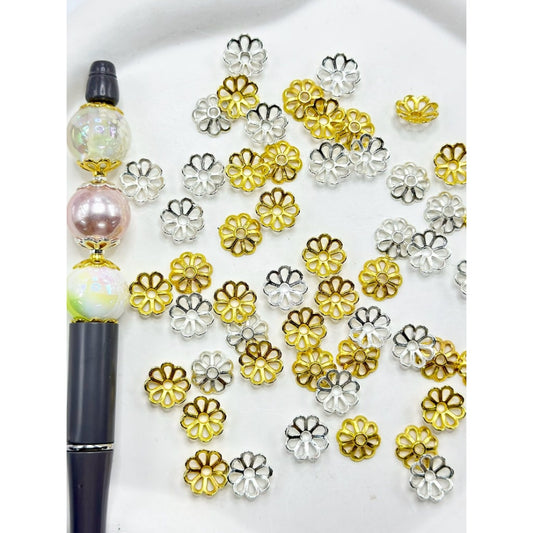 Beadable Gold & Silver Metal Flower End Spacer Cap Beads, 11MM