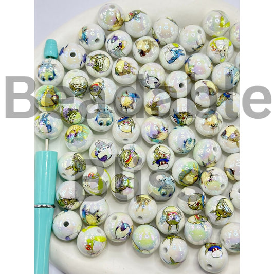 UV Coating Cute Totor Japanese Anime White Round Acrylic Beads, Random Mix, 16MM