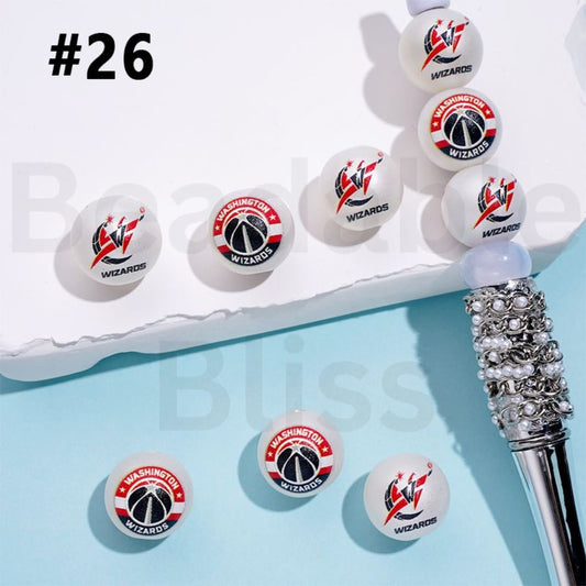 USA America Basketball Teams Washington Wizar NB Sports Frosted Matt White Round Acrylic Beads, Random Mix, 16MM