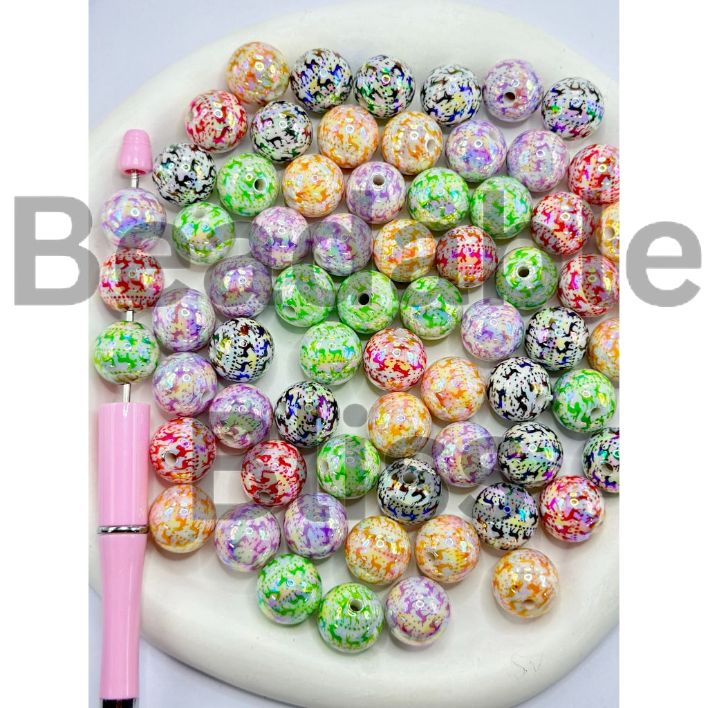 UV Coating Cute Deer White Round Acrylic Beads, Random Mix, 16MM