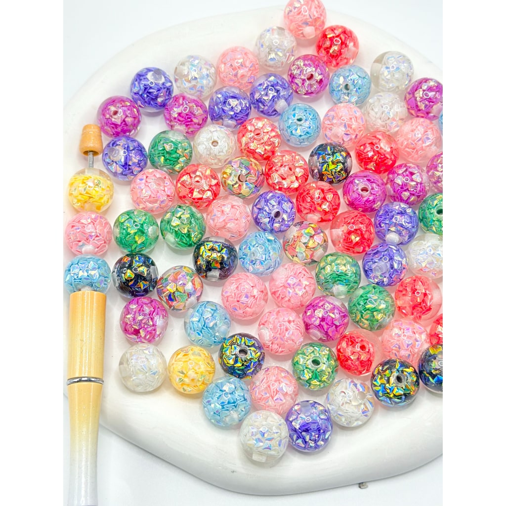 Bright Shiny Resin Confetti Inside Clear Acrylic Beads, Random Mix, 16MM