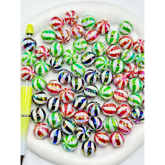 UV Coating Round Acrylic Beads with Black Red Green Crooked Stripes, 16MM