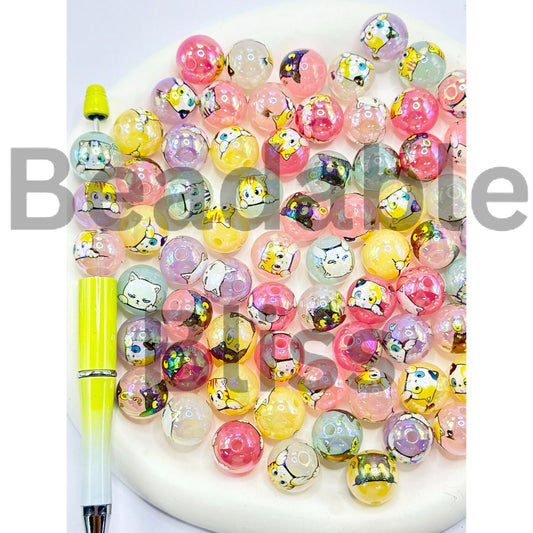 Little Cute Kitten Cat Jelly Color Round Acrylic Beads, Random Mix, 16MM