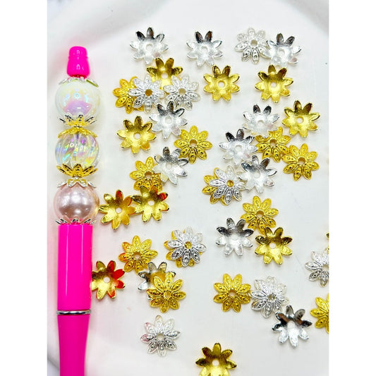 Beadable Gold & Silver Metal Flower End Spacer Cap Beads, 14MM