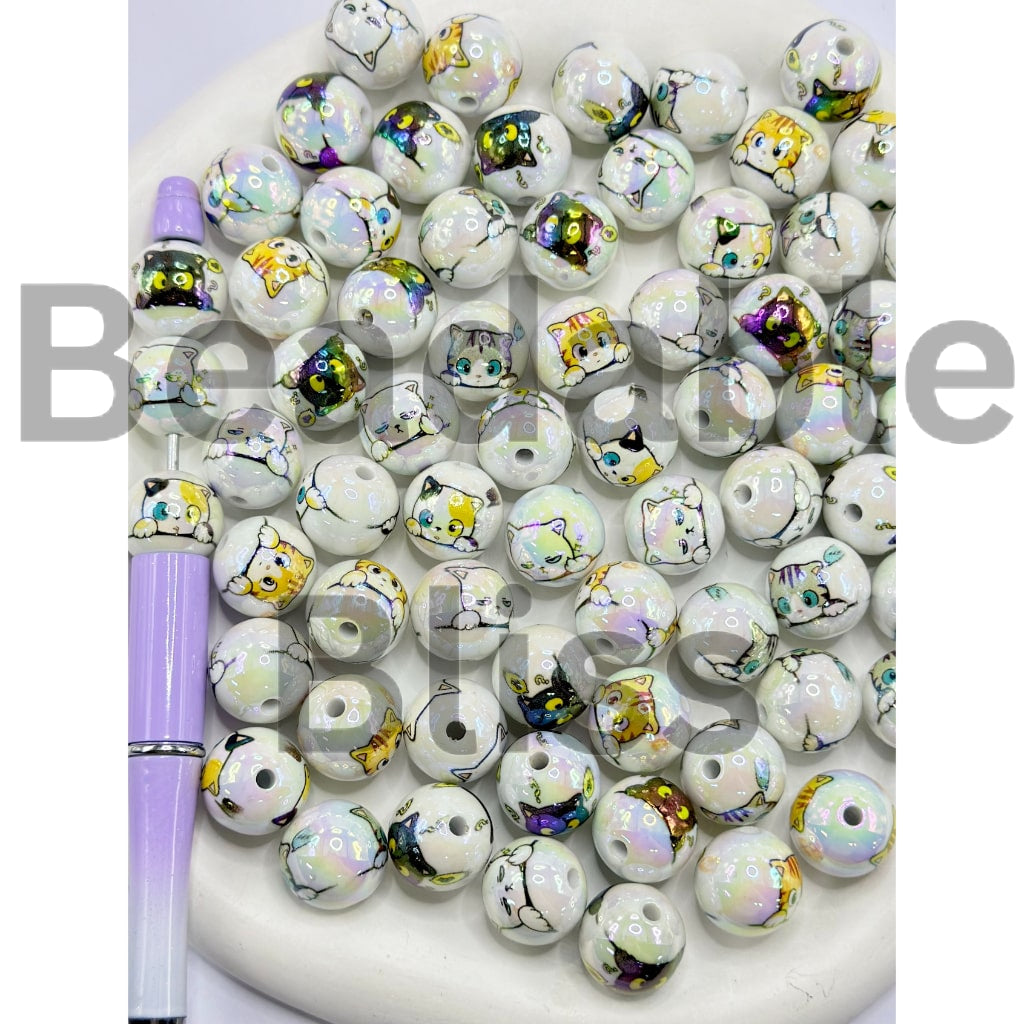 UV Coating Little Kitten Cat White Round Acrylic Beads, Random Mix, 16MM