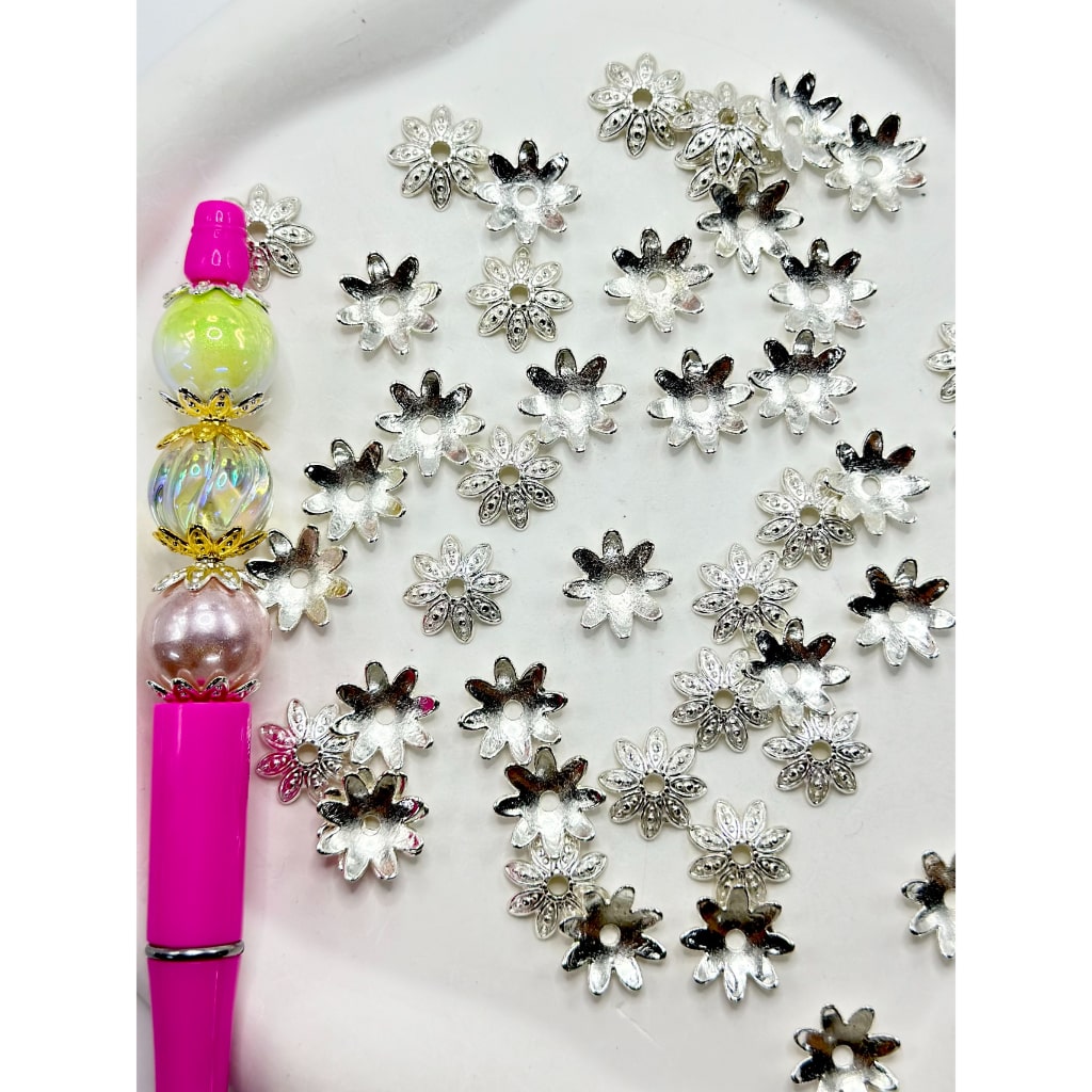 Beadable Gold & Silver Metal Flower End Spacer Cap Beads, 14MM