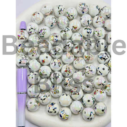 UV Coating Little Cute Calf Cow White Round Acrylic Beads, Random Mix, 16MM