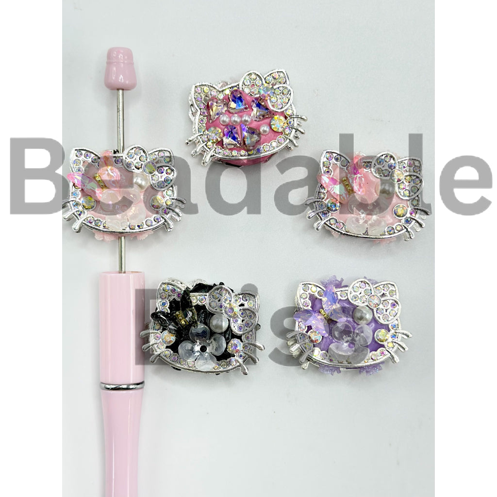 Cute Colorful Clay Beads Cat Head with Crystal Rhinestones and Pearls HK, 32*23MM