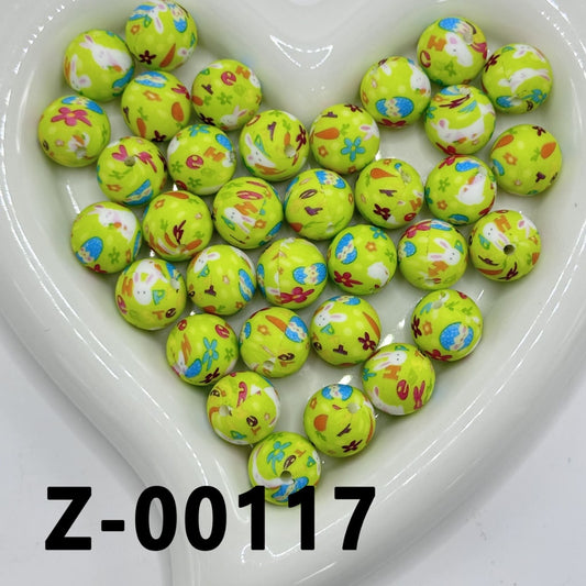 Cute Rabbit Bunny Carrot Egg Flower Green Round Printed Silicone Beads 15mm, Number Z-00117