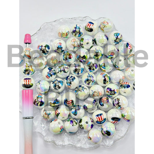 UV Coating USA Uncle Sam President Round Acrylic Beads, Random Mix, 16MM