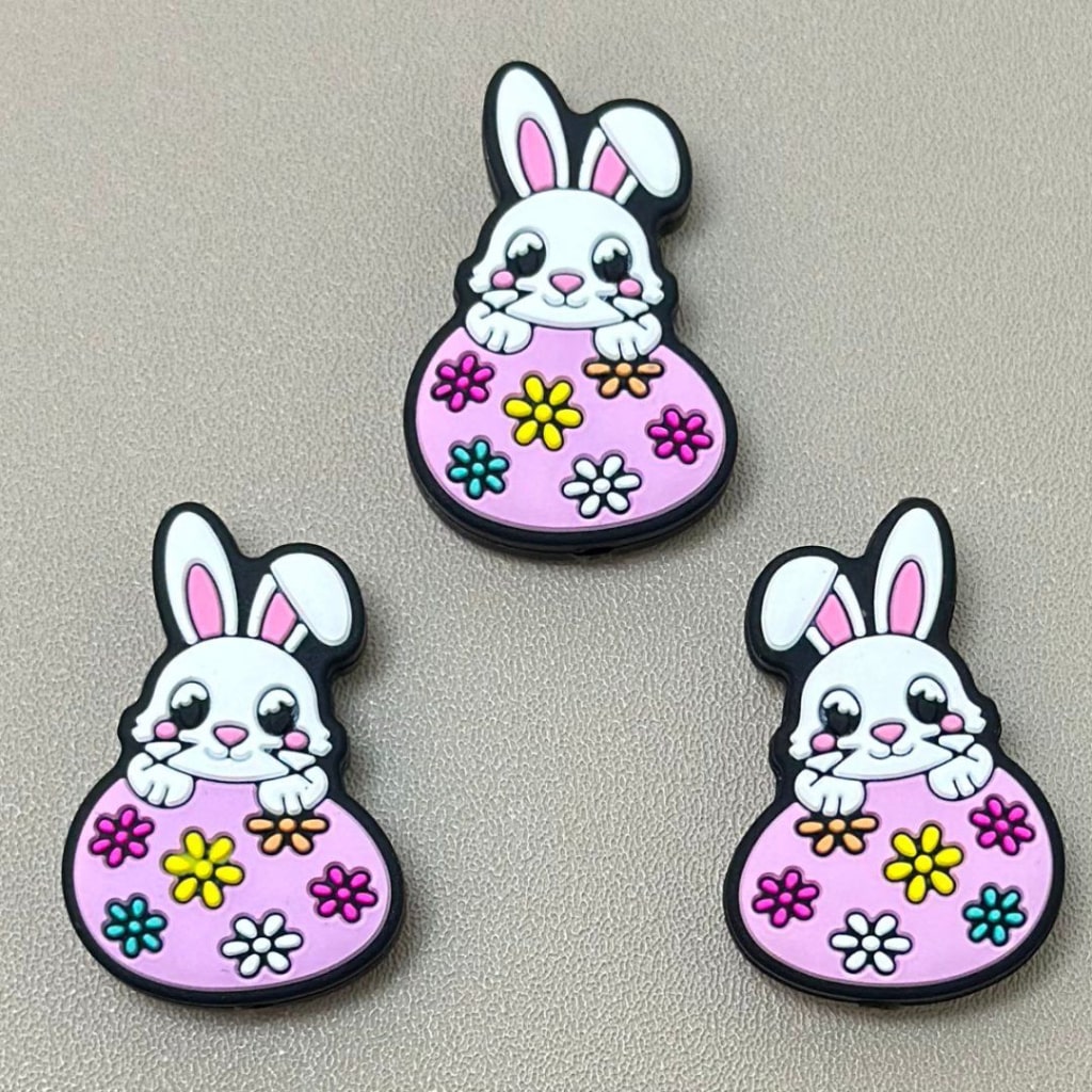 Little Cute Bunny Rabbit Lies on a Pink Flower Prints Colorful Egg Easter Silicone Focal Beads