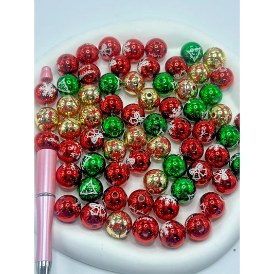 Round Acrylic Beads with Christmas Pattern, Random Mix, 16MM