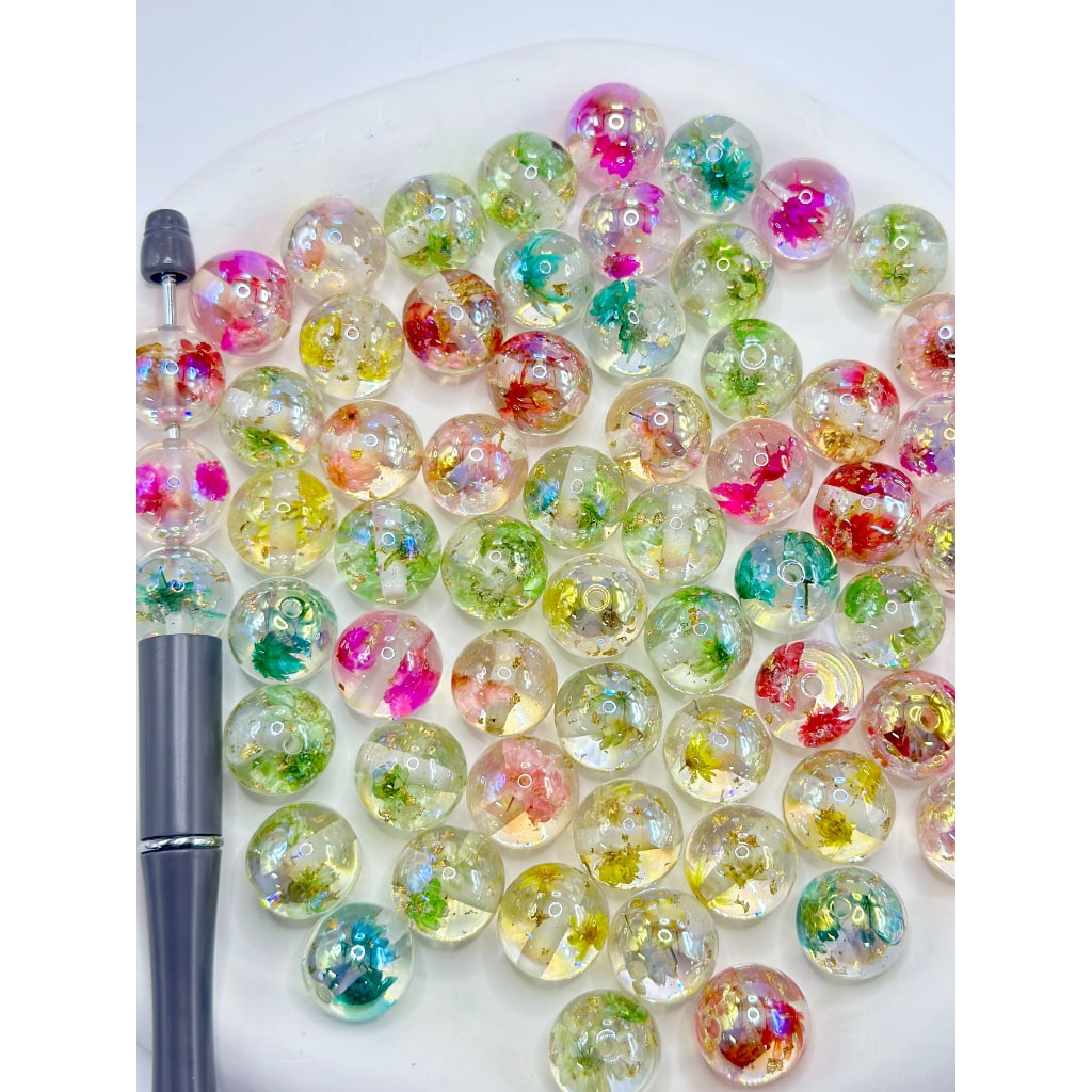 Clear UV Coating Acrylic Beads with Dry Flower Gold Foil Paper Inside, Random Mix, 16MM